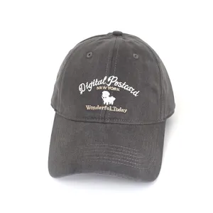 Close-up detail of gray retro cotton baseball cap featuring cute sheep embroidery