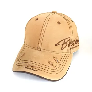 Vintage distressed khaki baseball cap with side embroidery letters, perfect for casual outdoor wear.