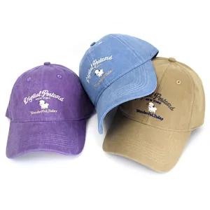 Vintage washed cotton baseball caps with cute sheep embroidery in purple, blue, and khaki