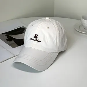 Detailed close-up of a white quick-dry baseball cap with brown Brooklyn embroidery