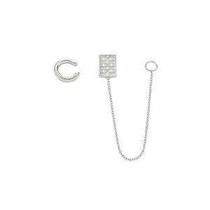 Boucle d'oreille chaîne en argent avec fleur quadrilatérale et manchette d'oreille intégrée
