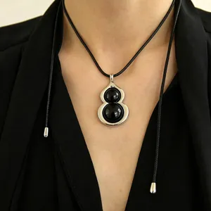 Retro Black Agate Gourd Pendant Necklace For Women Men Unisex Copper Silver Plated Wulu Charm Black Leather Cord Sweater Chain