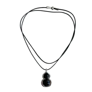Black agate gourd pendant necklace with minimalist leather cord for neutral fashion