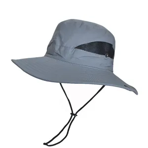 Detailed side view of a gray sun protection bucket hat with mesh ventilation and chin strap.