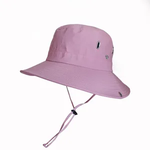 Detail view of pink outdoor sun bucket hat with adjustable chin strap for fishing
