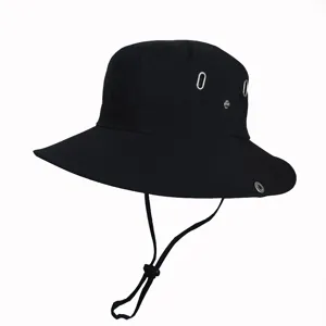 Black outdoor sun bucket hat featuring metal eyelets and a sturdy adjustable chin strap
