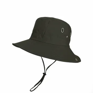 Macro side view of olive green men's sun protection bucket hat with adjustable chin strap
