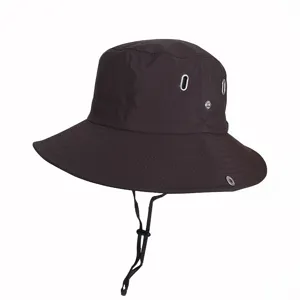 Detailed view of breathable outdoor hiking bucket hat with adjustable chin strap