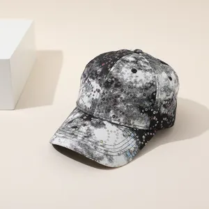 Casquette de baseball tendance à sequins effet tie-dye, chapeau d'été décontracté vue détail.