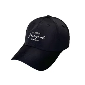 Black quick-dry baseball cap with white Newyork letter embroidery and curved brim