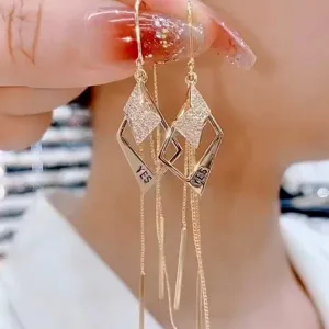 Women Retro Geometric Rhombus Hollow Tassel Earrings Gold Plated Alloy Rhinestone Letter YES Dangle Ear Wire Fashion Jewelry