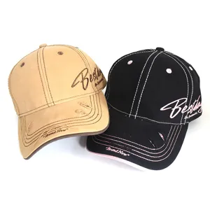 Close-up detail of vintage distressed baseball cap with side letter embroidery, casual dual color.