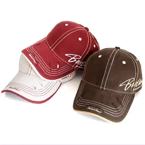 Retro side letter embroidered baseball cap detail showing distressed brim and quality stitching.