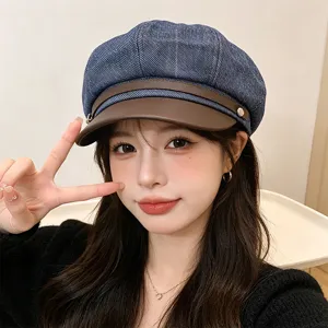 Women Patchwork Leather Newsboy Cap Vintage Winter Warm Woolen Denim Octagonal Hat Face Slimming Retro Baker Boy Cap