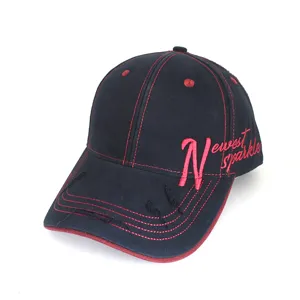 Black distressed baseball cap with red stitching and side embroidery for women and men daily wear