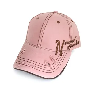 Distressed pink baseball cap with stylish side embroidery, contrast stitching and breathable eyelets.