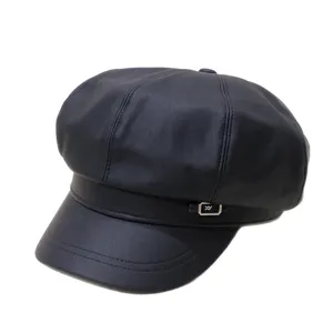 Vintage black PU leather newsboy cap with buckle detail and octagonal painter hat design.