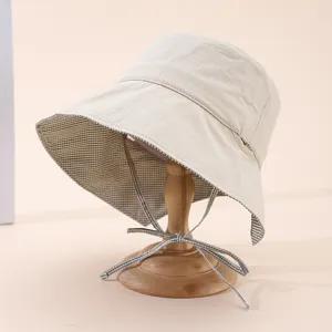Chapeau Seau en Coton Pliable pour Femmes Chapeau de Soleil à Grand Bord Avec Sangle Coupe-Vent Doublure à Carreaux Chapeau de Plage Été Voyage