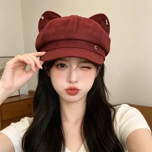 Women cute cat ear newsboy hat autumn winter suede painter cap stylish vintage beret hat
