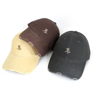 Distressed washed baseball cap with embroidered letter, stylish casual sunshade hat.