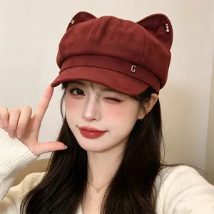 Stylish autumn winter cat ear newsboy cap for women, cute suede painter hat with metal decor.
