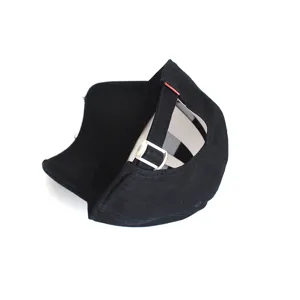 Detailed view of the adjustable metal buckle and black strap on back of the baseball cap