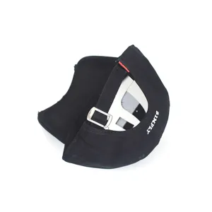 Black baseball cap detail view showing adjustable metal buckle and embroidered letter design.
