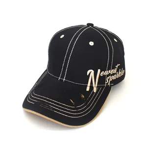 Close-up of the black vintage baseball cap showing distressed brim and side embroidery.