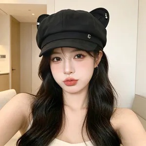 Women black cat ear beret hat casual newsboy hat stylish autumn winter sun visor hat