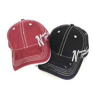 Retro distressed baseball cap with side letter embroidery, contrast stitching, casual sun hat.
