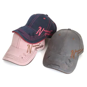 Distressed embroidered baseball cap for women, stylish vintage sun hat with letter design.
