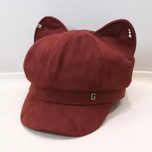 Cute cat ear newsboy cap for women, retro suede painter hat, autumn winter casual hat.