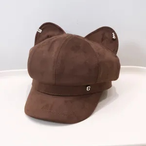 Brown suede cat ear newsboy hat stylish vintage painter hat casual outdoor sun protection cap