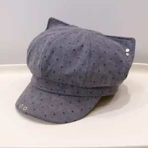Grey polka dot cat ear painter hat detail, stylish casual duckbill cap for daily wear.