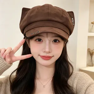 Cute brown cat ear octagonal hat with metal rings and key pendant for stylish daily wear.