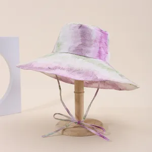 Foldable outdoor wide brim sun hat with vibrant pink and purple tie-dye print design