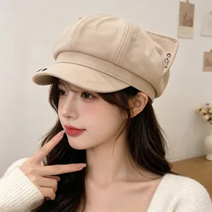 Beige cat ear octagonal hat stylish suede newsboy cap casual cute outdoor sun hat detail view.