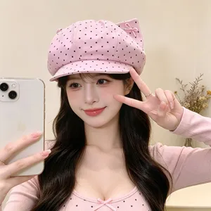 Pink polka dot cat ear newsboy hat detail view, cute retro painter cap for women autumn winter.