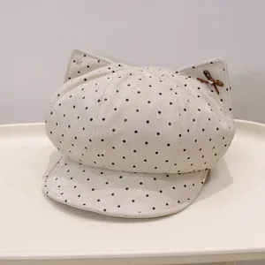 Cute polka dot cat ear baker boy hat, stylish autumn winter newsboy cap for casual wear.