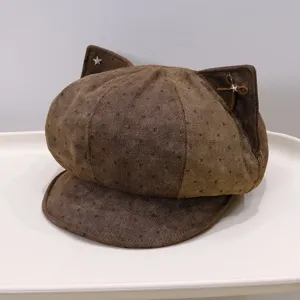 Brown polka dot cat ear newsboy painter hat detail view, cute retro autumn winter cap.
