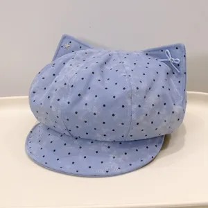 Cat ear polka dot octagonal painter hat detail view, cute casual cap with small bow accent