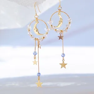 Boucles d'Oreilles Pendantes Asymétriques Étoile Lune Gland Avec Tige en Argent Sterling 925 Cuivre Plaqué Or Strass Bijoux pour Femmes