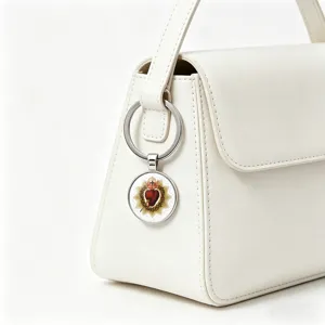 Detailed close-up of the Sacred Heart religious glass cabochon keychain on a white bag.