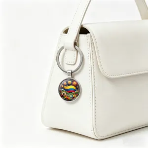 Detailed view of a Colombia flag glass cabochon keychain with fireworks motif on a white bag