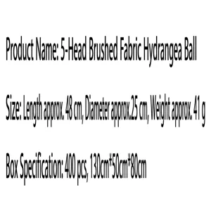 Detailed product specifications for 5-head brushed fabric hydrangea artificial flowers
