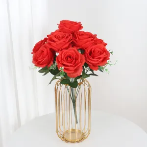 10 Heads French Artificial Rose Bouquet Silk Flowers in Gold Metal Vase for Wedding