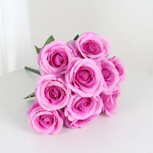 Detailed close-up of 10-head artificial French rose bouquet in pink purple for romantic decor.