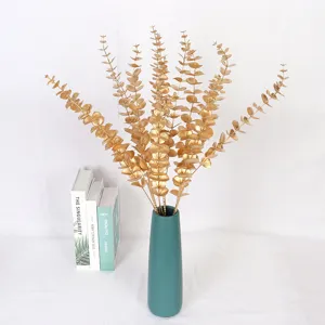 Artificial Eucalyptus Plastic Flowers Metallic Gold Green Fake Faux Stems Foliage Sprays Leaf Branches Bunches For Home Wedding New Year Party Holiday Table Decor