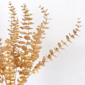 Golden artificial eucalyptus branches fake plastic leaves for home wedding decor floral wholesale