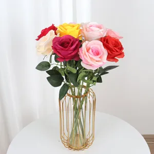 Elegant multicolor artificial silk rose bouquet in gold vase for home and wedding decor